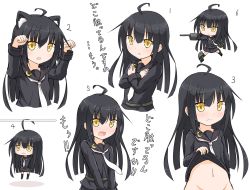 Rule 34 | 10s, 1girl, ahoge, animal ears, black hair, blush, cat ears, clothes lift, crescent, groin, kantai collection, kemonomimi mode, looking at viewer, machinery, mikazuki (kancolle), neckerchief, no panties, open mouth, out-of-frame censoring, paw pose, prehensile hair, school uniform, serafuku, shirt lift, skirt, skirt lift, solo, translation request, white neckerchief, x arms, yamato tachibana, yellow eyes