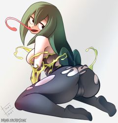 Rule 34 | 1girl, absurdres, ass, asui tsuyu, bare shoulders, boku no hero academia, breasts, butt crack, cameltoe, dankodeadzone, from behind, full body, green hair, grey background, hair between eyes, highres, kneeling, legs, long hair, long tongue, looking back, medium breasts, open mouth, simple background, sleeper (marvel), soles, solo, symbiote, tobitobo90, tongue, tongue out