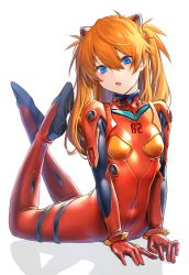 Rule 34 | 1girl, absurdres, arched back, blue hair, blush, bodysuit, breasts, covered navel, deluxe&lt;&lt;&lt;, headpiece, highres, long hair, multicolored bodysuit, multicolored clothes, neon genesis evangelion, open mouth, orange hair, plugsuit, solo, souryuu asuka langley