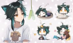 Rule 34 | 1boy, :i, ahoge, almond tofu (genshin impact), animal ear fluff, animal ears, aqua hair, cat ears, cat tail, cat teaser, commentary request, eating, facial mark, falling leaves, food, food on face, forehead mark, genshin impact, ginkgo leaf, highres, kemonomimi mode, leaf, male focus, multicolored hair, multiple views, open mouth, rex lapis (genshin impact), shirt, short sleeves, sleeping, star (symbol), starry background, su34ma, tail, tail wagging, translation request, two-tone hair, white shirt, xiao (genshin impact), yellow eyes, zzz