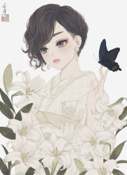 Rule 34 | 1girl, absurdres, black butterfly, bride, brown eyes, brown hair, bug, butterfly, butterfly on hand, commentary request, earrings, eyeshadow, flower, hand up, highres, insect, japanese clothes, jewelry, kimono, light blush, lily (flower), makeup, mole, mole under eye, obi, obiage, original, parted lips, red eyeshadow, sash, seal impression, shiromuku, short hair, signature, simple background, solo, swept bangs, tassel, uchikake, upper body, ushiyama ame, wavy hair, white background, white flower, white kimono, white lily