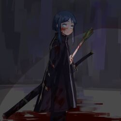 Rule 34 | 1girl, black coat, black pants, blood, blood on clothes, blood on face, blood on hands, blood splatter, bloody weapon, blue eyes, blue hair, coat, expressionless, library of ruina, looking to the side, onion, pale skin, pants, porccu 200g, project moon, short hair, spring onion, sword, the bookhunter, weapon