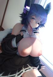 Rule 34 | 1girl, bare shoulders, black gloves, black thighhighs, blush, breasts, breasts out, dutch angle, exposed chest, exposing self, eyepatch, flashing, fur trim, gloves, headgear, huge breasts, jacket, kantai collection, looking at viewer, nipples, off shoulder, partially fingerless gloves, presenting, purple hair, short hair, skirt, solo, tenryuu (kancolle), tenryuu kai ni (kancolle), thighhighs, unbuttoned, unknown showhey, window, yellow eyes