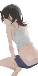 Rule 34 | 1girl, ass, barefoot, blue shorts, butt crack, commentary request, copyright request, dark skin, from behind, highres, hiroki (yyqw7151), looking at viewer, looking back, one eye closed, panties, panty peek, pantyslip, pink panties, shorts, simple background, sitting, solo, tank top, underwear, white background, white tank top