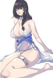 Rule 34 | 1girl, absurdres, bikini, black hair, blue flower, braid, breasts, cleavage, flower, goddess of victory: nikke, hair over shoulder, highres, large breasts, long hair, mary (bay goddess) (nikke), mary (nikke), official alternate costume, purple eyes, sitting, solo, swimsuit, swimsuit cover-up, taiyang yu, thigh strap, thighs, unusually open eyes, white bikini