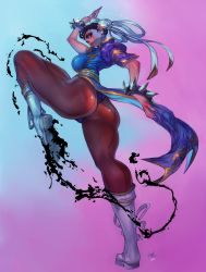 Rule 34 | 1girl, absurdres, ass, black hair, blue background, boots, bracelet, breasts, brown pantyhose, capcom, chinese clothes, chun-li, double bun, elsevilla, eyeshadow, fingernails, full body, gradient background, hair bun, hair ribbon, highres, jewelry, lipstick, makeup, medium breasts, mole, mole under mouth, nail polish, pantyhose, parted lips, pink background, puffy short sleeves, puffy sleeves, purple eyes, purple nails, ribbon, sharp fingernails, shiny clothes, short sleeves, solo, spiked bracelet, spikes, standing, standing on one leg, street fighter, thick thighs, thighs, two-tone background, white footwear