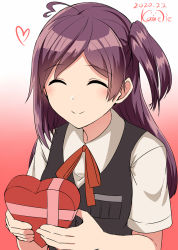 Rule 34 | 1girl, ahoge, black vest, blush, box, closed eyes, dated, gift, gift box, hagikaze (kancolle), heart, heart ahoge, highres, holding, kamelie, kantai collection, long hair, neck ribbon, one-hour drawing challenge, one side up, purple hair, ribbon, shirt, short sleeves, signature, simple background, smile, solo, upper body, vest, white shirt