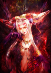 Rule 34 | 1990s (style), 1girl, blonde hair, breasts, cleavage, creature, evil smile, final fantasy, final fantasy viii, grey hair, headdress, horns, jewelry, large breasts, long hair, looking at viewer, midriff, navel, necklace, pointy ears, retro artstyle, revealing clothes, sidelocks, smile, solo, tsuya iruka, ultimecia, underboob, very long hair, yellow eyes