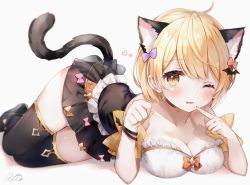 Rule 34 | 1girl, absurdres, ahoge, animal ear fluff, animal ears, animal print, ankle boots, bare shoulders, bat hair ornament, bat print, belt, birthday, black choker, black footwear, black skirt, black thighhighs, blonde hair, blush, boots, bow, bracelet, breast rest, breasts, cat ears, cat girl, cat tail, chemise, choker, cleavage, detached sleeves, fang, frills, gold trim, hair bow, hair ornament, heart, highres, hololive, jewelry, large breasts, looking at viewer, lying, miniskirt, on stomach, one eye closed, orange bow, overskirt, parted lips, pink bow, pleated skirt, purple bow, red belt, rucaco, see-through, see-through sleeves, short hair, short sleeves, simple background, skin fang, skirt, smile, solo, star (symbol), star choker, strapless, tail, thighhighs, twisted torso, virtual youtuber, white background, yellow bow, yellow eyes, yellow sleeves, yozora mel, yozora mel (1st costume), zettai ryouiki