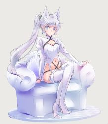 Rule 34 | 1girl, animal ears, boots, high heel boots, high heels, highres, iesupa, long hair, ponytail, rwby, tail, thigh boots, thighhighs, weiss schnee, white footwear, white hair, white heels