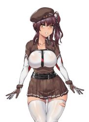 Rule 34 | 1girl, bad id, bad pixiv id, belt, beret, blush, breasts, brown hair, chest strap, collarbone, cowboy shot, dark-skinned female, dark skin, framed breasts, girls&#039; frontline, gloves, hair between eyes, hair ornament, hat, highres, large breasts, long hair, looking at viewer, mimyo, necktie, parted lips, pleated skirt, purple hair, saiga-12 (girls&#039; frontline), side ponytail, simple background, skindentation, skirt, solo, thighhighs, torn clothes, torn thighhighs, white background, white thighhighs, yellow eyes, zettai ryouiki
