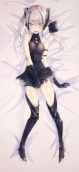 Rule 34 | absurdres, bare shoulders, black dress, black gloves, blush, boots, breasts, collarbone, destroyer (girls&#039; frontline), dress, fang, girls&#039; frontline, gloves, high heel boots, high heels, highres, hip vent, kaki (616886126), long hair, looking at viewer, lying, mechanical boots, medium breasts, multicolored hair, on back, on bed, open mouth, sangvis ferri, silver hair, solo, streaked hair, tearing up, thigh boots, thighhighs, thighs, tight clothes, torn clothes, turtleneck, twintails, very long hair, yellow eyes