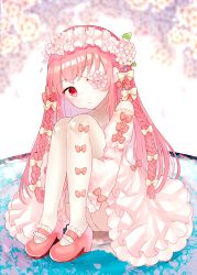 Rule 34 | 1girl, blurry, bow, bow legwear, braid, cherry blossoms, depth of field, detached sleeves, dress, expressionless, floral background, flower eyepatch, hair ribbon, head tilt, head wreath, hugging own legs, juliet sleeves, knees to chest, legs together, lolita fashion, long braid, long hair, long sleeves, looking at viewer, mary janes, one eye covered, original, petticoat, pink dress, pink footwear, pink hair, pink theme, puffy sleeves, red bow, red eyes, reflection, ribbon, sakizaki saki-p, shoes, sitting, sitting on liquid, solo, swept bangs, thighhighs, tress ribbon, twin braids, very long hair, white background, white thighhighs