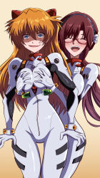 Rule 34 | 2girls, ^ ^, anger vein, angry, ayanami rei (cosplay), blue eyes, bodysuit, grabbing another&#039;s breast, breasts, brown hair, closed eyes, commentary request, cosplay, cowboy shot, evangelion: 3.0+1.0 thrice upon a time, fujitaka nasu, grabbing, grabbing from behind, groping, highres, interface headset, long hair, looking at viewer, low twintails, makinami mari illustrious, matching outfits, medium breasts, multicolored bodysuit, multicolored clothes, multiple girls, neon genesis evangelion, orange hair, pilot suit, plugsuit, rebuild of evangelion, red-framed eyewear, smile, souryuu asuka langley, teeth, thigh gap, twintails, two side up, upper teeth only, white bodysuit