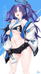 Rule 34 | 1girl, bikini, bikini top only, black gloves, black jacket, blue archive, blue eyes, blue necktie, breasts, cleavage, cowboy shot, gloves, halo, highres, holding, holding tablet pc, id card, jacket, jacket partially removed, large breasts, looking at viewer, multicolored clothes, multicolored jacket, navel, necktie, off shoulder, purple hair, solo, swimsuit, tablet pc, twintails, two-tone jacket, two side up, watosu, white jacket, yuuka (blue archive)