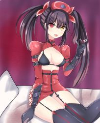 Rule 34 | black hair, black panties, black thighhighs, boots, catssoft1, clock, clock eyes, date a live, garter straps, hair ribbon, hat, heterochromia, highres, needle, nurse, nurse cap, panties, red eyes, ribbon, roman numeral, shiny clothes, symbol-shaped pupils, thigh boots, thighhighs, tokisaki kurumi, twintails, underwear, uneven twintails, yellow eyes