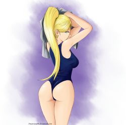 Rule 34 | 1girl, armpits, arms up, ass, blue eyes, breasts, evil-dei, from behind, hair between eyes, high ponytail, highres, holding, large breasts, long hair, looking at viewer, looking back, naruto, naruto (series), one-piece swimsuit, one-piece thong, panties, ponytail, purple background, scrunchie, solo, standing, swimsuit, thong, towel, underwear, watermark, web address, yamanaka ino