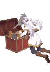 Rule 34 | 1girl, belt, black pantyhose, boots, brown footwear, capelet, cat, commentary request, dress, elf, frieren, full body, grey hair, highres, knee boots, kneeling, long hair, long sleeves, mimic, pantyhose, pointy ears, sidelocks, simple background, sousou no frieren, treasure chest, twintails, white background, white capelet, white dress, yasehattagi