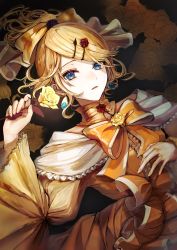 Rule 34 | 1girl, absurdres, aku no musume (vocaloid), blonde hair, blue eyes, bow, dress, dress bow, earrings, evillious nendaiki, flower, frilled dress, frills, hair ornament, hairclip, highres, holding, holding flower, jewelry, kagamine rin, lying, on back, parted lips, pipi, ribbon, riliane lucifen d&#039;autriche, rose, solo, swept bangs, vocaloid, yellow flower, yellow ribbon, yellow rose