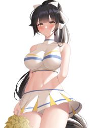 Rule 34 | 1girl, absurdres, arm behind back, azur lane, bare shoulders, blush, breasts, cheerleader, clothes lift, commission, crop top, futon fly away, hair ribbon, highres, large breasts, looking at viewer, navel, panties, panty peek, pixiv commission, pom pom (cheerleading), ponytail, ribbon, skirt, skirt lift, sleeveless, solo, takao (azur lane), underwear, yellow eyes