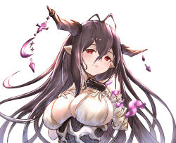Rule 34 | 1girl, antenna hair, bad id, bad pixiv id, bandaged arm, bandages, black gloves, black hair, blush, breasts, cleavage, closed mouth, crescent, danua, draph, dress, fingerless gloves, gloves, granblue fantasy, hair between eyes, hands on own chest, horn ornament, horns, jewelry, large breasts, lips, long hair, looking at viewer, pointy ears, red eyes, simple background, single glove, smile, solo, upper body, white background, white dress, yu pian