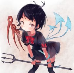 Rule 34 | 1girl, asymmetrical wings, atage, black dress, black hair, black thighhighs, blush, collarbone, dress, houjuu nue, looking at viewer, polearm, red eyes, ribbon, short hair, simple background, snake, solo, thighhighs, touhou, trident, weapon, wings