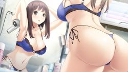 Rule 34 | 1girl, arched back, armpits, arms up, ass, bathroom, blue bra, blue panties, blush, bra, breasts, brown eyes, brown hair, butt crack, cleavage, cosmetics, from behind, from below, g-string, game cg, hair dryer, haru kiss, highleg, highleg panties, huge ass, indoors, large breasts, legs, lingerie, long hair, mikoto akemi, mirror, navel, panties, parted lips, reflection, shiraishi aoi, side-tie panties, sidelocks, solo, standing, strap gap, string panties, thighs, thong, underwear, underwear only