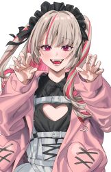 Rule 34 | 1girl, betti (maron), black dress, blush, claw pose, clothing cutout, dress, flat chest, grey hair, heart cutout, highres, jacket, long hair, looking at viewer, maid headdress, makaino ririmu, makaino ririmu (5th costume), multicolored hair, nijisanji, open clothes, open jacket, open mouth, pink hair, pink jacket, red eyes, simple background, smile, solo, streaked hair, teeth, two-tone hair, two side up, virtual youtuber, white background