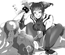 Rule 34 | 2girls, bad id, bad pixiv id, bracelet, breasts, capcom, chinese clothes, chun-li, detached sleeves, double bun, drill hair, femdom, fingerless gloves, gloves, greyscale, hair bun, halterneck, han juri, holding another&#039;s wrist, jewelry, large breasts, licking lips, medium breasts, monochrome, multiple girls, on floor, pantyhose, rape face, smile, spiked bracelet, spikes, street fighter, street fighter iv (series), takehana, tongue, tongue out, twin drills, you gonna get raped, yuri