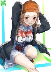 Rule 34 | 1girl, absurdres, arms behind head, arms up, artist name, beanie, black jacket, brown eyes, brown hair, closed mouth, hat, highres, jacket, jewelry, long hair, long sleeves, looking at viewer, makicha (sasurainopink), necklace, open clothes, open jacket, orange hat, original, print shirt, shirt, signature, smile, solo, white shirt