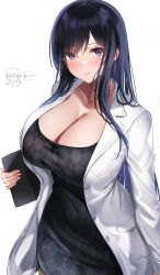 Rule 34 | 1girl, black dress, black hair, blush, breasts, chibi, chibi inset, cleavage, clipboard, coat, doctor, dress, highres, lab coat, large breasts, long hair, looking at viewer, open clothes, open coat, original, purple eyes, puru (ex-150), revision, simple background, smile, solo, unbuttoned, very long hair, white background