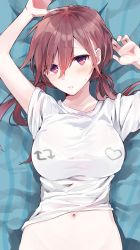 Rule 34 | 1girl, arms up, arrow (symbol), bed sheet, blush, breasts, brown hair, clothes lift, collarbone, commentary request, hair between eyes, heart, highres, large breasts, like and retweet, long hair, looking at viewer, low twintails, navel, original, parted lips, purple eyes, shirt, shirt lift, short sleeves, solo, stomach, sweat, tomozero, twintails, twitter, upper body, white shirt