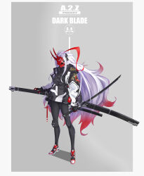 Rule 34 | 1girl, absurdres, ammunition pouch, antenna hair, black pantyhose, colored tips, covered face, cowlick, english text, gloves, grey background, highres, holding, holding sword, holding weapon, hood, hoodie, huge weapon, jacket, knee pads, long hair, mask, multicolored hair, oni mask, original, pantyhose, pouch, purple hair, red hair, reverse grip, sheath, shoes, sidelocks, single knee pad, sneakers, solo, sword, tai mian meng meng, very long hair, weapon