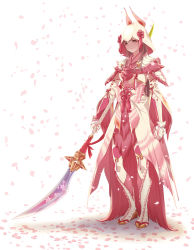 Rule 34 | 1girl, armor, arms at sides, brown hair, cherry blossoms, contrapposto, crossover, full body, fur trim, highres, hood, hood up, light oooo, looking at viewer, mizutsune (armor), monster hunter (series), naginata, nail polish, petals, polearm, solo, weapon