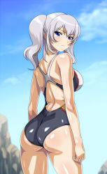 Rule 34 | 10s, 1girl, ass, blue eyes, breasts, competition swimsuit, female focus, from behind, kantai collection, kashima (kancolle), large breasts, long hair, looking back, monteriakitto, no headwear, no headwear, one-piece swimsuit, silver hair, solo, swimsuit, twintails