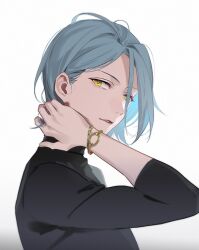Rule 34 | 1boy, blue hair, bracelet, ensemble stars!, eyokiki, hair behind ear, half-closed eyes, hand on own neck, himeru (ensemble stars!), jewelry, light blue hair, light smile, looking at viewer, male focus, open mouth, parted bangs, sideways glance, simple background, sleeves past elbows, smile, solo, white background, yellow eyes