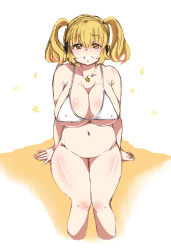 Rule 34 | 1girl, absurdres, bikini, blonde hair, breasts, brown eyes, cleavage, covered erect nipples, highres, huge breasts, nitroplus, plump, solo, super pochaco, swimsuit, thick thighs, thighs, twintails, wide hips
