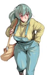 Rule 34 | 1girl, bag, blush, breasts, commentary request, green hair, hand in pocket, hyougintou, large breasts, leaning forward, long hair, looking away, nail polish, original, overalls, ponytail, red eyes, ribbed sweater, rozen maiden, shoulder bag, simple background, smile, solo, suigintou, suspenders, sweater, tsuda nanafushi, upper body, white background