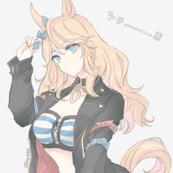 Rule 34 | 1girl, animal ears, arm belt, arm up, bandeau, black jacket, blonde hair, blue eyes, bow, breasts, cleavage, collar, ear bow, gold city (umamusume), grey background, hand up, horse ears, horse girl, horse tail, inutose, jacket, long hair, long sleeves, looking up, midriff, open clothes, open jacket, small breasts, solo, tail, twitter username, umamusume, upper body