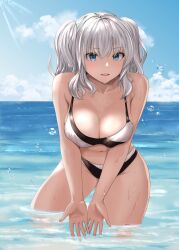 Rule 34 | 1girl, absurdres, bare arms, bare legs, bare shoulders, bikini, black bikini, blue eyes, blush, breasts, cleavage, collarbone, commentary request, cowboy shot, day, grey hair, groin, hair between eyes, highres, jouzaburou (joe3), kantai collection, kashima (kancolle), large breasts, navel, ocean, open mouth, outdoors, short hair, solo, swimsuit, twintails, water, wet, white bikini