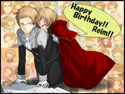Rule 34 | 00s, 1boy, 1girl, bad id, bad pixiv id, blush, bow, brown hair, cape, closed eyes, facial mark, formal, frills, glasses, gloves, happy birthday, hetero, highres, hug, hug from behind, reim lunettes, lily (pandora hearts), open mouth, pandora hearts, paper, short hair, smile