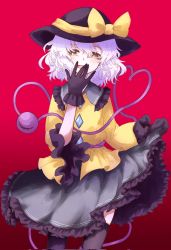 Rule 34 | black gloves, black hat, black thighhighs, bow, bright pupils, clothes lift, cowboy shot, furobai (onunku), gloves, gradient background, green skirt, hat, hat bow, heart, heart of string, highres, komeiji koishi, lifting own clothes, looking at viewer, open mouth, red background, short hair, skirt, skirt lift, standing, thighhighs, third eye, touhou, white hair, white pupils, yellow bow, yellow eyes