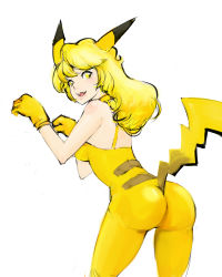 Rule 34 | 1girl, animal ears, ass, bad id, bad pixiv id, blonde hair, creatures (company), curly hair, fangs, game freak, gen 1 pokemon, gloves, looking back, nintendo, personification, pikachu, pokemon, simple background, solo, tail, white background, xinjing, yellow eyes