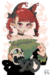 Rule 34 | 1girl, adapted costume, animal ears, bare shoulders, braid, cat ears, cat girl, cat tail, collarbone, commentary, dated, earrings, extra ears, highres, jewelry, kaenbyou rin, looking at viewer, maaru (akira428), multiple tails, pointy ears, red eyes, red hair, short hair, side braids, signature, skull, skull earrings, solo, tail, touhou, twin braids, two tails, upper body