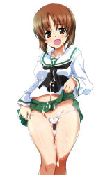 Rule 34 | 10s, 1girl, blush, brown eyes, brown hair, clothes lift, cum, female focus, girls und panzer, green skirt, looking at viewer, navel, nishizumi miho, open mouth, ouhashi, panties, school uniform, sexually suggestive, short hair, simple background, skirt, skirt lift, smile, solo, standing, stomach, suggestive fluid, underwear, white background, white panties