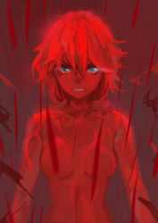 Rule 34 | 10s, 1girl, angry, aqua eyes, blood, blood on breasts, blood on face, blue eyes, breasts, clenched teeth, club3, highres, kill la kill, looking at viewer, matoi ryuuko, naked blood, nude, rain, short hair, solo, spoilers, teeth