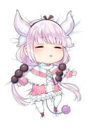 Rule 34 | 10s, 1girl, beads, black bow, black hairband, blunt bangs, bow, capelet, chibi, closed eyes, dragon girl, dragon horns, dragon tail, dress, drooling, frilled capelet, frills, gradient hair, hair beads, hair ornament, hairband, horns, kanna kamui, kobayashi-san chi no maidragon, light purple hair, low twintails, microdress, multicolored hair, pink hair, simple background, sleeping, solo, tail, tiny (tini3030), twintails, white legwear