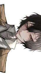 Rule 34 | 1boy, bandaged neck, bandages, black hair, brown eyes, brown jacket, bungou stray dogs, collared shirt, dazai osamu (bungou stray dogs), hair between eyes, highres, jacket, looking at viewer, male focus, open mouth, portrait, shirt, short hair, simple background, smile, solo, white shirt, ya ta