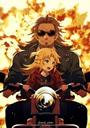 Rule 34 | 1boy, 1girl, age difference, anime coloring, black jacket, black shirt, blonde hair, braid, brown hair, child, closed mouth, explosion, facial hair, facing viewer, fate/apocrypha, fate (series), french braid, goatee, green eyes, highres, holding, jacket, long hair, looking to the side, meiji ken, mordred (fate), mordred (fate/apocrypha), motor vehicle, motorcycle, on motorcycle, open mouth, parody, ponytail, red jacket, riding, scar, scar across eye, scar on face, serious, shirt, shishigou kairi, signature, sparks, sunglasses, sweatdrop, t-shirt, terminator (series), terminator 2: judgment day, thick eyebrows
