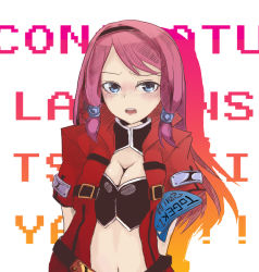 Rule 34 | 1girl, arc system works, belt, blazblue, blazblue: continuum shift, blue eyes, breasts, cleavage, coat, cosplay, female focus, long hair, midriff, nana73, open clothes, open coat, open mouth, ragna the bloodedge, ragna the bloodedge (cosplay), red hair, solo, strapless, trench coat, tsubaki yayoi, tube top, white background